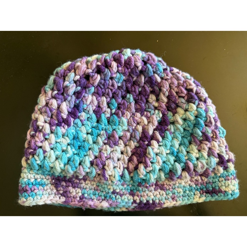 Handmade Colorful Crochet Winter Beanie Cap Purple Turquoise Cream Cozycore